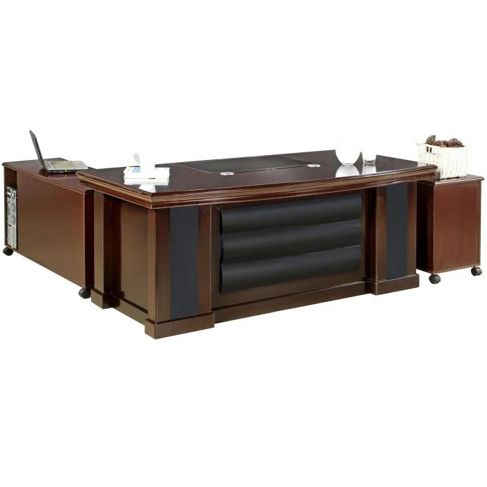 Director & Executive L-Shape Office Table Modern Desk Made in Plywood with Veneer Side Unit Storage & Drawer Pedestal, Integrated Wire Manager & CPU Storage - Brown