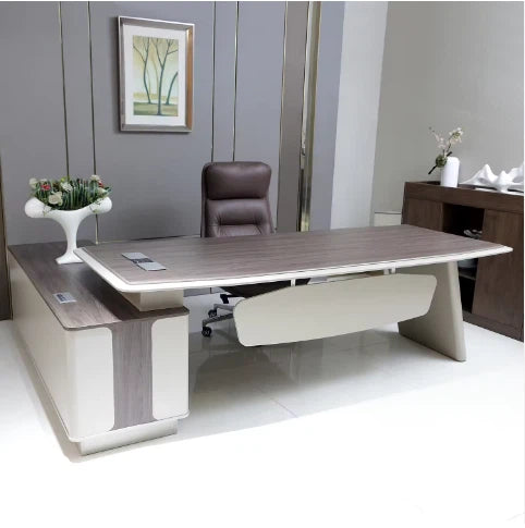 Director & Executive L-Shape Office Table Modern Desk Made in Plywood with Veneer Side Unit Storage, Drawer & Wire Manager - Grey White