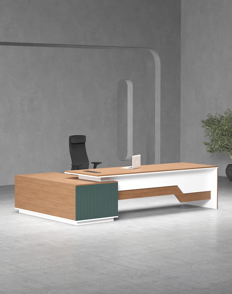 Director Office Table L-Shape Luxury Design with Modern Desk Featuring Drawer and CPU Space & Wire Manager  - Brown