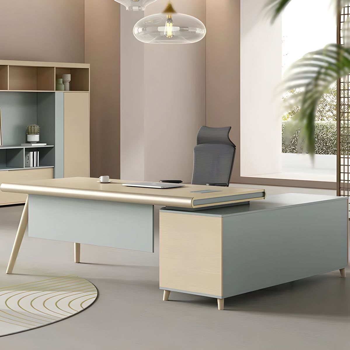 Director & Executive L-Shape Office Table Modern Desk Made in MDF with Side Unit Drawer and Storage Wire Manager & CPU Storage - Beige