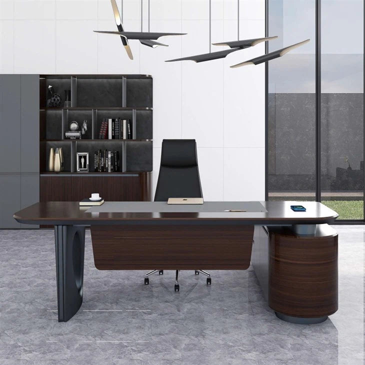 Director & Executive L-Shape Office Table Modern Desk Made in Plywood with Drawer & Wire Manager - Brown & Grey