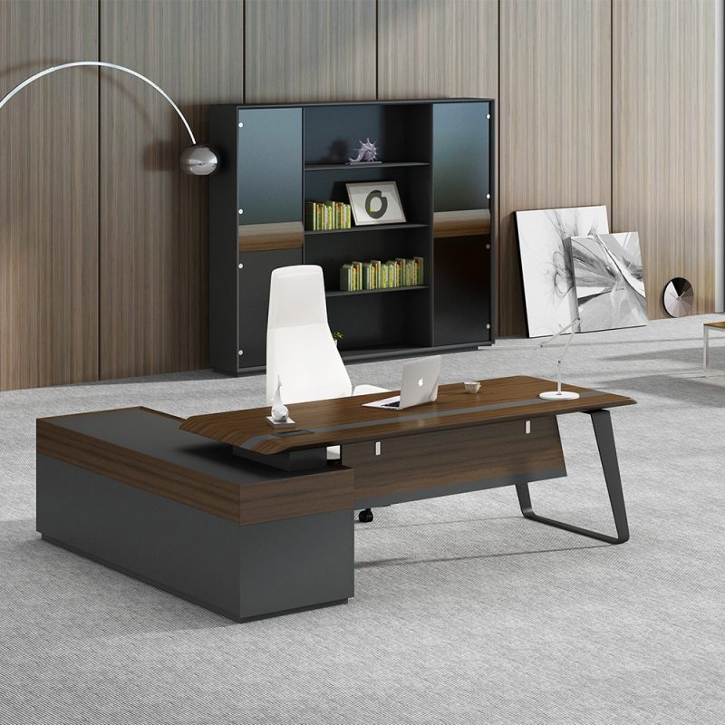 Director & Executive L-Shape Office Modern Table Made in MDF with Drawer & Wire Manager - Dark Grey, Brown