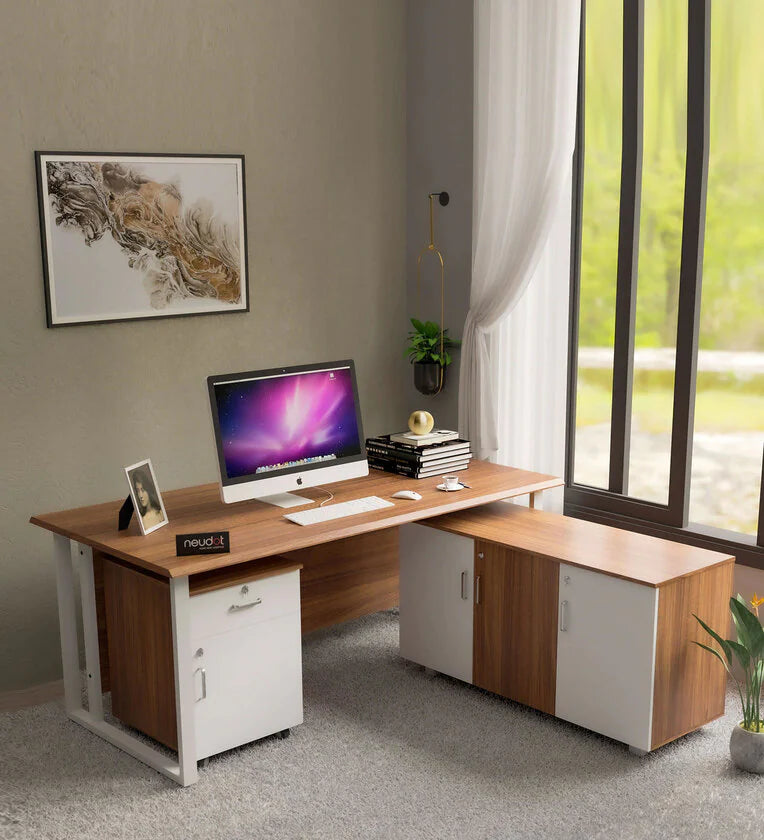 Director and Executive L shape Table in Engineered Wood Teak Finish With File Cabinate And Drawer