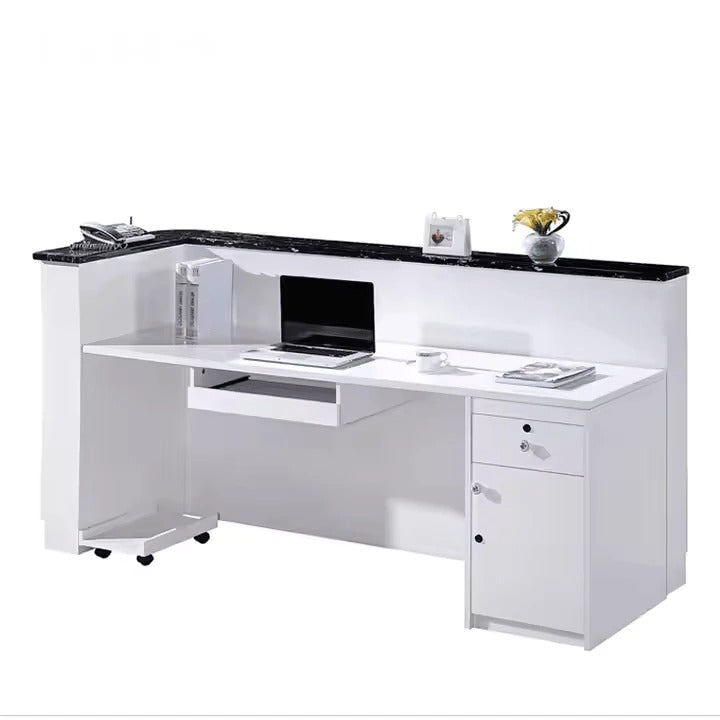 Reception Table for Office Luxury Modern Counter Stylish Design Made In MDF Keyboard Tray and Drawers Ample Storage - White