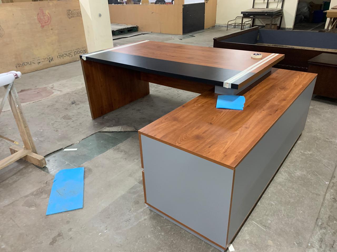 Director Office Table Made In Particle Board with Side Unite and Drawers & CPU Space - Teak Walnut Finish