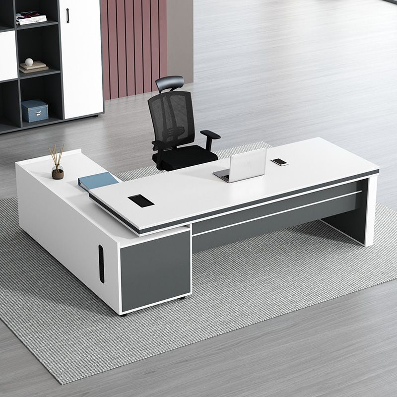 Director & Executive L-Shape Office Table Luxury Desk Made in Particle Board with Side Unit Locking Drawer, Integrated Cable Management, and CPU Storage - Grey & White