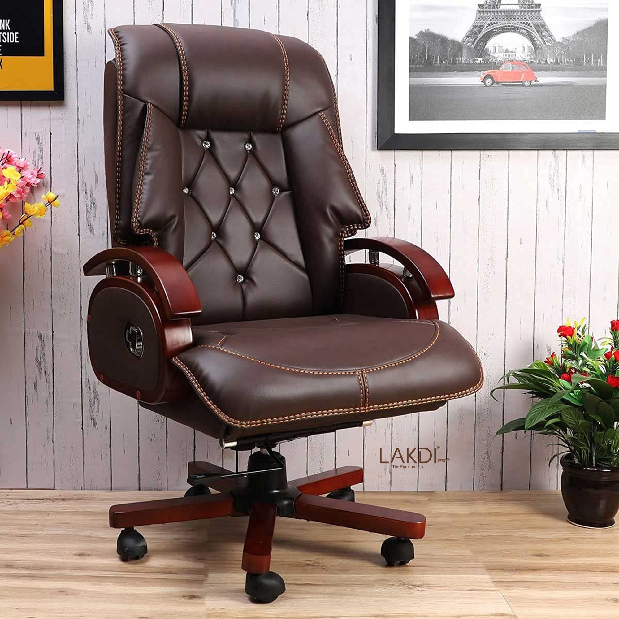 High Back Leatherette Director Chair with Wooden Base and Handle