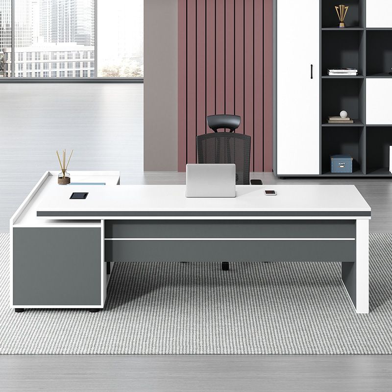 Director & Executive L-Shape Office Table Luxury Desk Made in Particle Board with Side Unit Locking Drawer, Integrated Cable Management, and CPU Storage - Grey & White