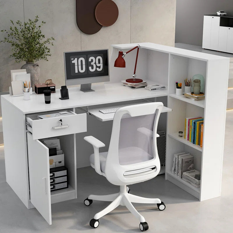 Reception Table for Office L Shape Front Counter Desk Made in Particle Board with Keyboard Tray, Multi Book Self and Openable Shutter & White Color