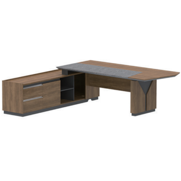 Director &amp; Executive L-Shape Luxury Office Table with Modern Desk Design, Featuring Drawer and CPU Space - Brown