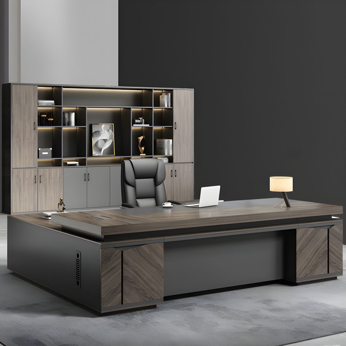 Director & Executive L-Shape Office Table Modern Desk Made in MDF with Side Unit Drawer and Storage, Wire Manager & CPU Storage - Brown