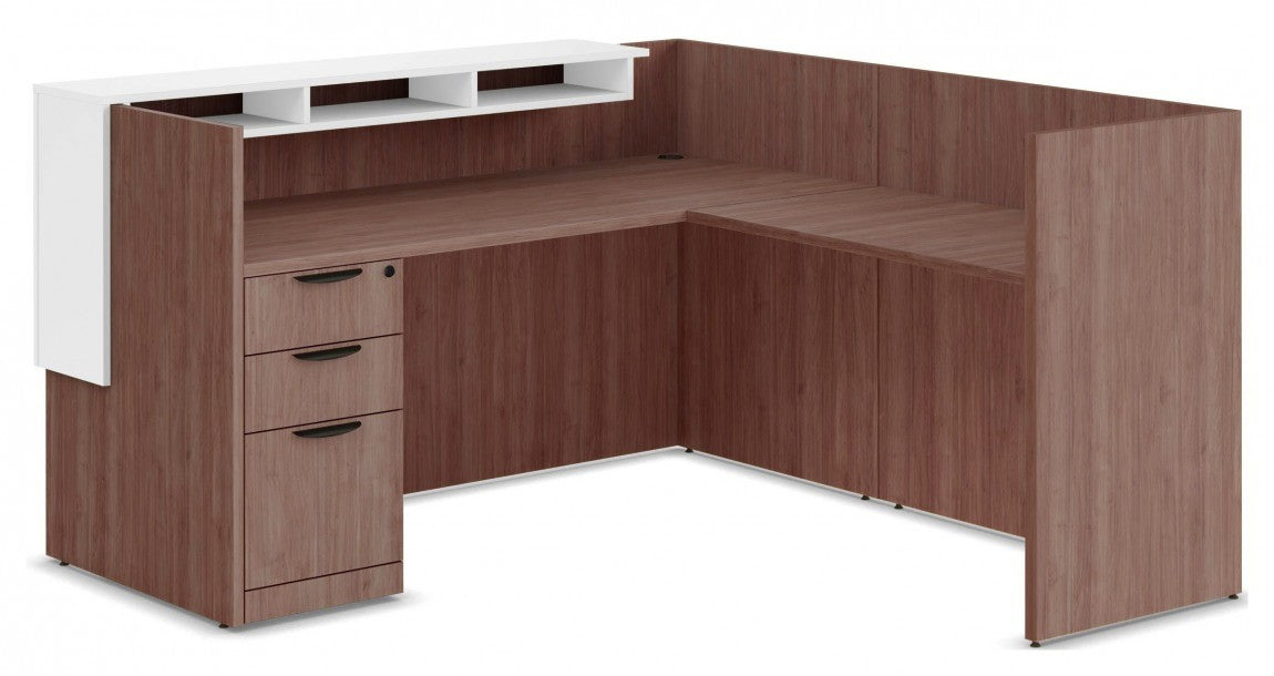 Reception Table for Office  L-Shape Front Counter Desk Made in Particle Board with Round Wire Manager, Drawers and Self Box - Brown