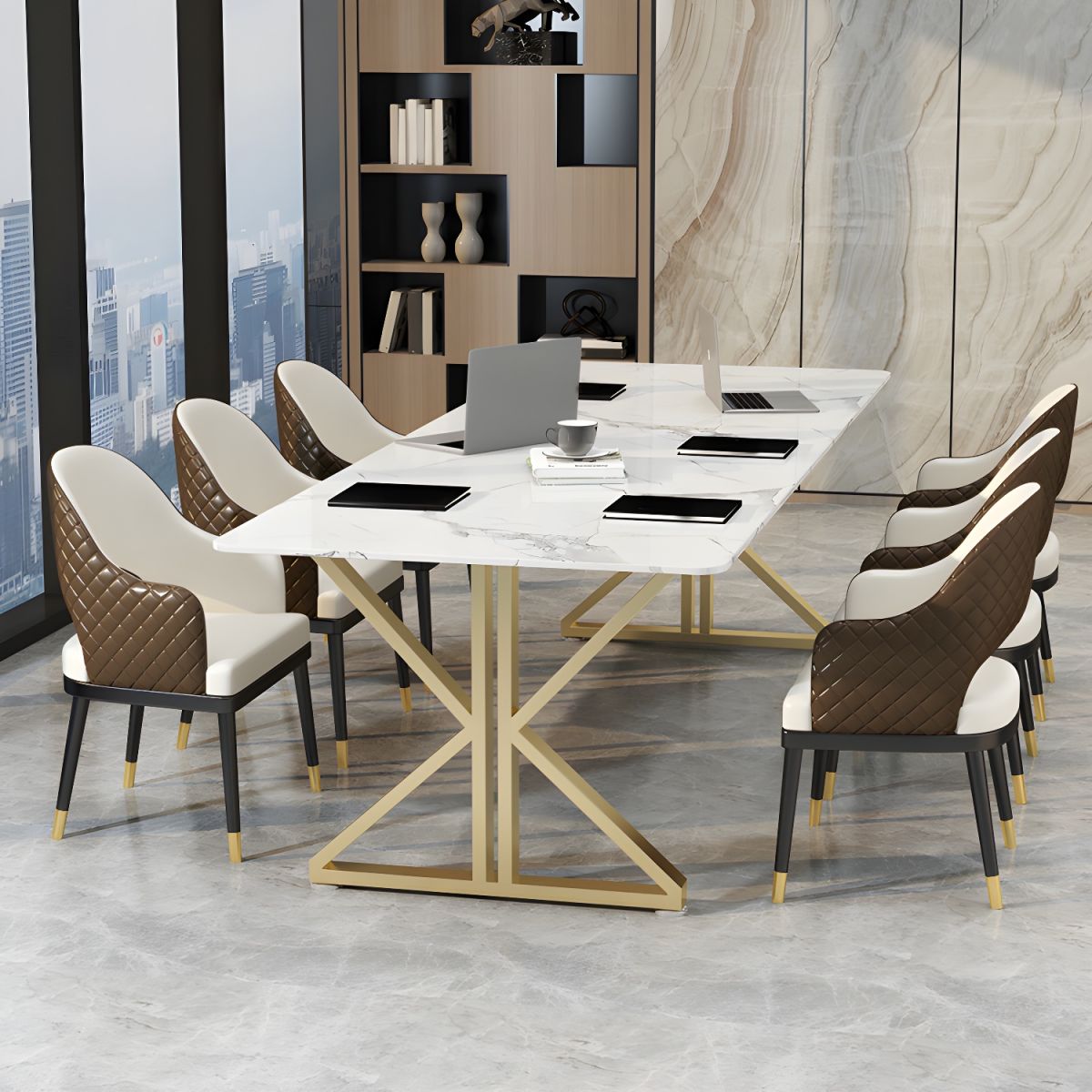 Conference and Meeting Marble Laminate Top Office Table Base in MS Metal Legs with Golden Powder Coating ( 7.3x3 Ft.)