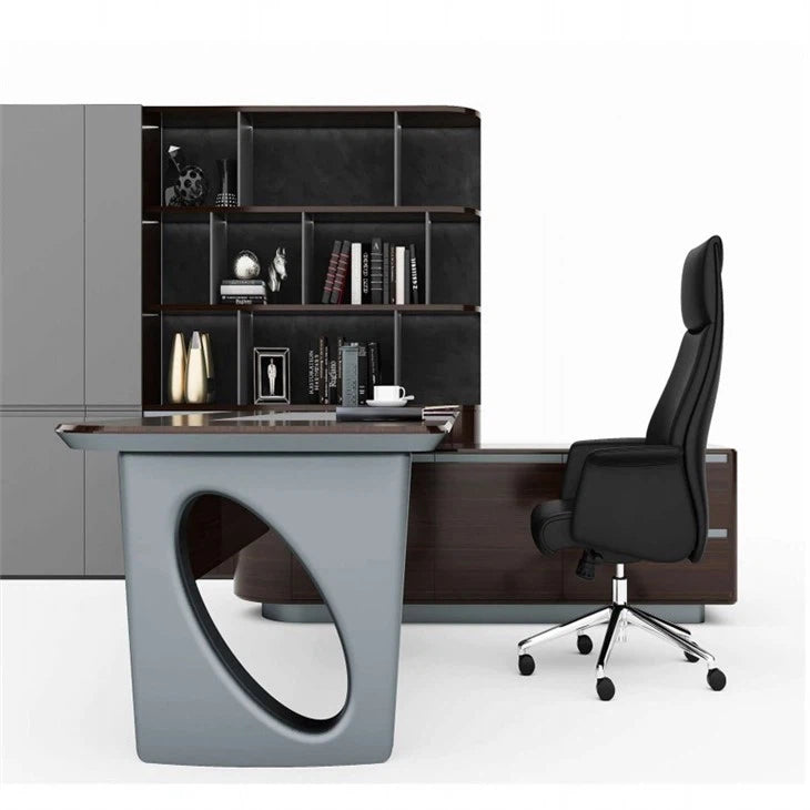 Director & Executive L-Shape Office Table Modern Desk Made in Plywood with Drawer & Wire Manager - Brown & Grey