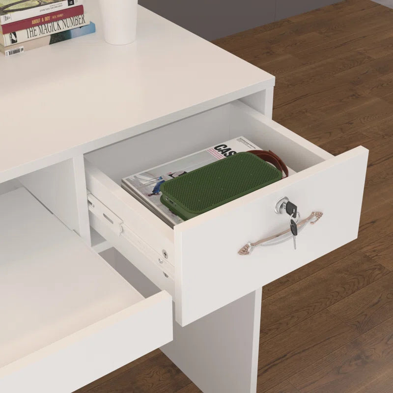 Reception Table for Office Front Counter Desk Made in Particle Board with Keyboard Tray and Drawers, Openable Shutter- White Color