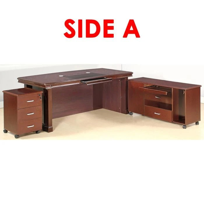 Director & Executive L-Shape Office Table Modern Desk Made in Plywood with Veneer Side Unit Storage & Drawer Pedestal, Integrated Wire Manager & CPU Storage - Brown