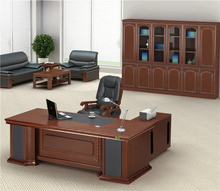 Director & Executive L Shape Luxury Office Table Modern Desk with Drawer and CPU Space & Stylish Design - Red Brown