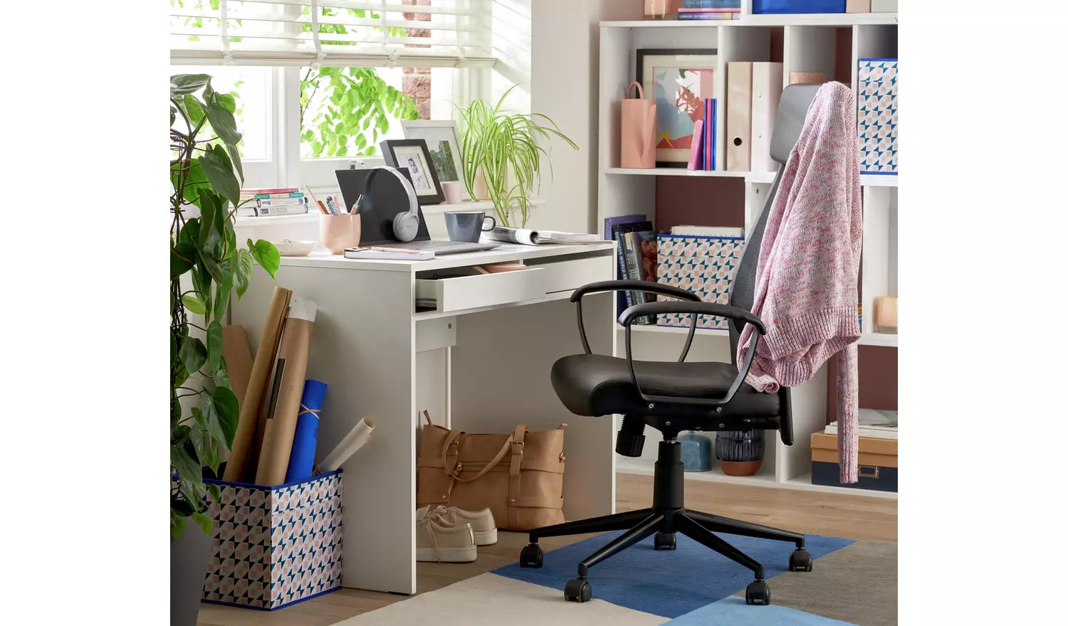 Office Computer table made in Particle Board and Two easy glide drawers give plenty white color