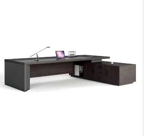 Director & Executive L-Shape Office Table Modern Desk Made in Plywood with Veneer Drawer, CPU Storage & Wire Manager - Walnut & Grey