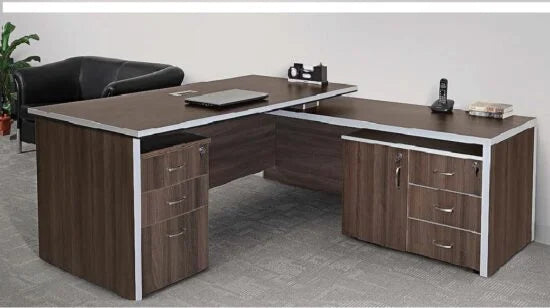 Director & Executive L-Shape Office Table Modern Desk Made in MDF with Side Drawer, CPU Storage & Wire Manager - Brown