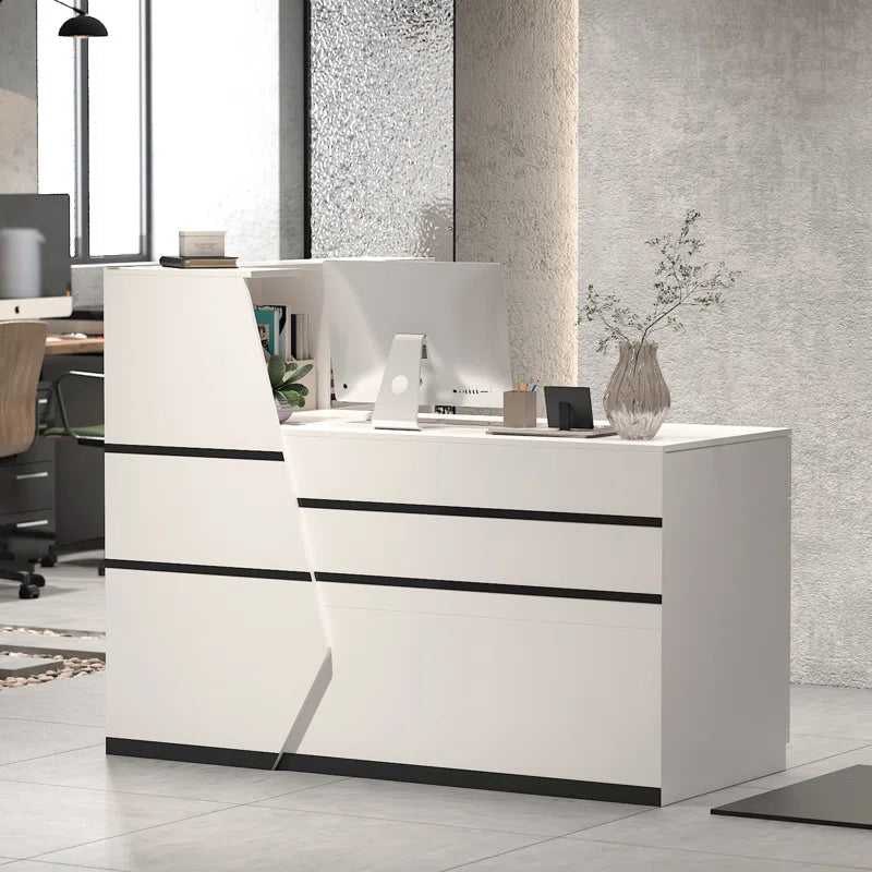 Reception Table Office Stylish and Functional for L Shape Front Counter Desk Made in Particle Board with Keyboard Tray and Drawers, Openable Shutter- White Color