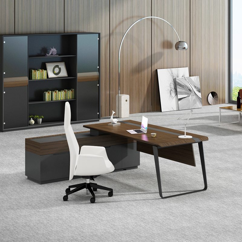 Director & Executive L-Shape Office Modern Table Made in MDF with Drawer & Wire Manager - Dark Grey, Brown