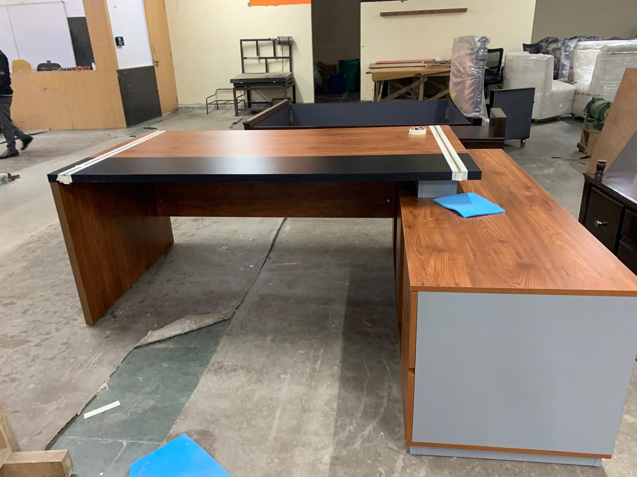 Director Office Table Made In Particle Board with Side Unite and Drawers & CPU Space - Teak Walnut Finish