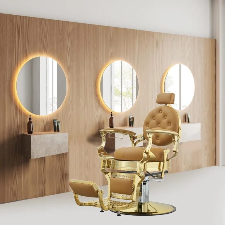 Salon Chair for Luxury Design Royal Barber Chair Unisex Stylish, Elegant Chair for Haircuts, Shaving and Beauty Spaces and Legs Rest - Golden Color