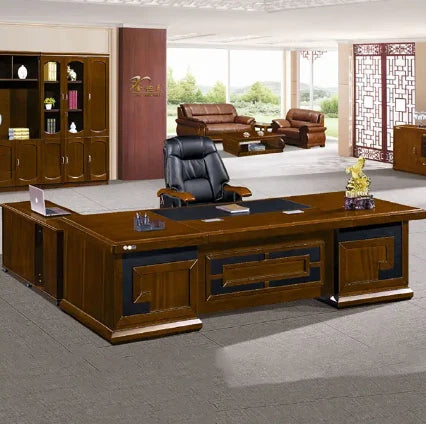 Director & Executive L-Shape Office Table Made in Plyboard with Veneer Side Unit Pedestal Cabinet, Drawer & Wire Manager - Brown