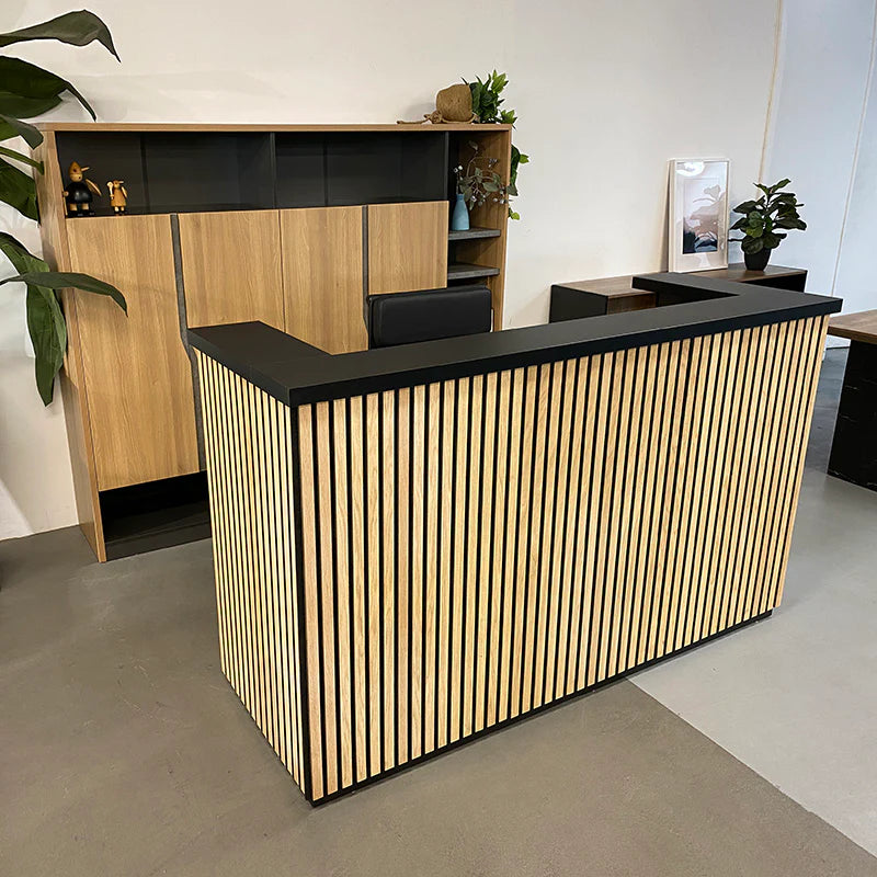 Stylish Reception Table for Office Made in Flexible Ply with Pinewood U Shape Design and Drawer & Storage - Black & Oak