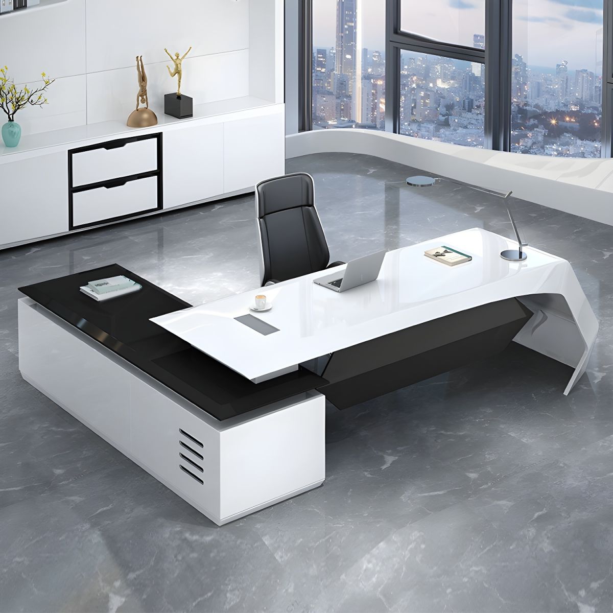 Director & Executive L-Shape Office Table Luxury Desk Made in MDF with Side Unit Drawer and Storage Wire Manager & CPU Storage - White