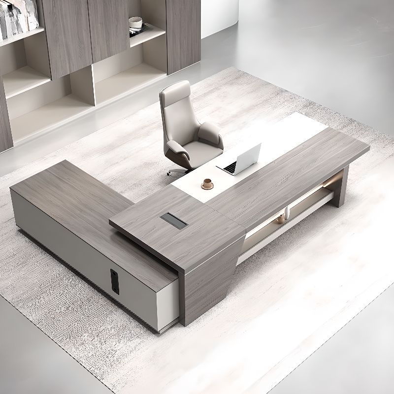 Director L-Shape Office Table Luxury Desk Made in Plywood with Locking Drawer, Reversible Orientation, Integrated Cable Management, and CPU Storage - Grey