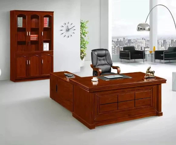 Director & Executive L-Shape Office Table Made in Plyboard with Veneer Side Unit Storage & Drawer, CPU Storage & Wire Manager - Cherry