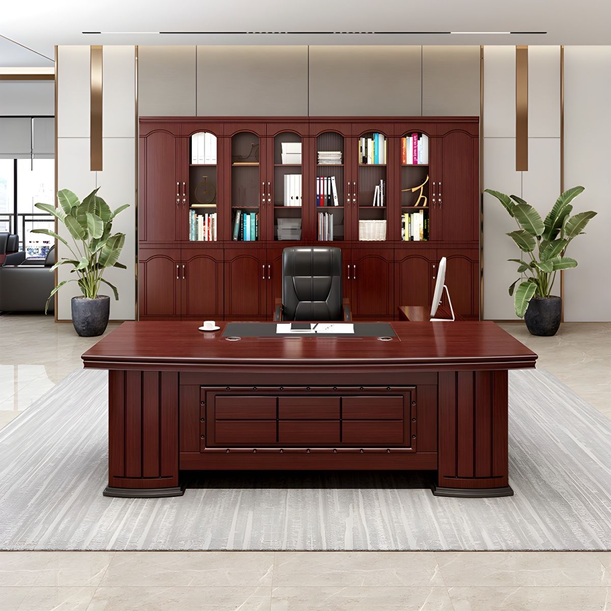 Director & Executive L-Shape Office Table Modern Desk Made in Plywood with Veneer Side Unit Storage & Drawer, CPU Storage & Wire Manager - Red