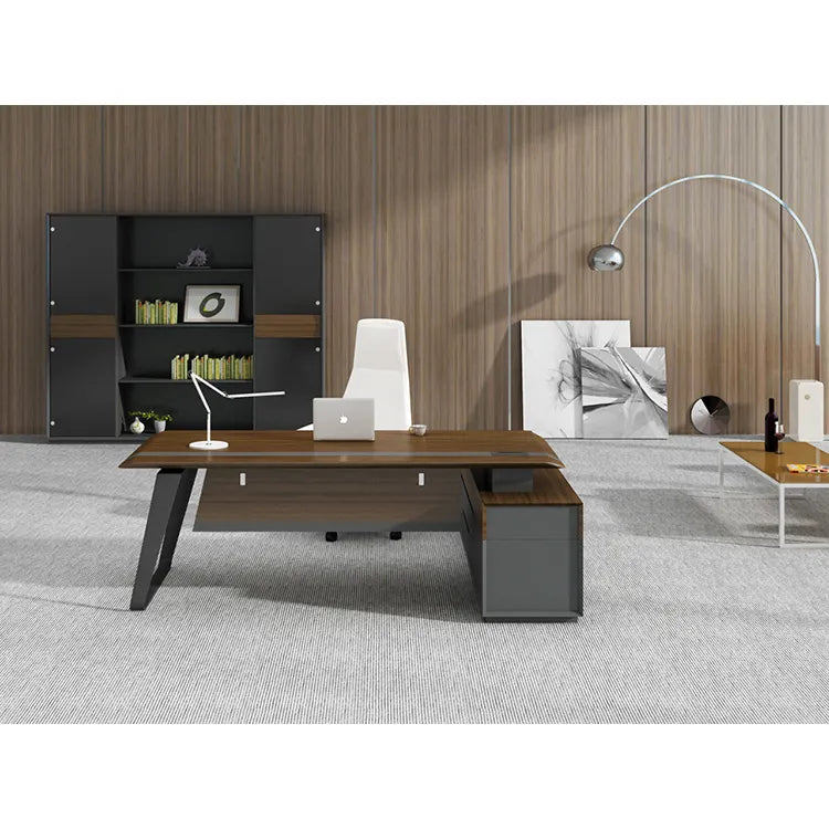 Director L-Shape Office Table and Executive Desk Made in Particle Board/ MDF/Plywood with Side Unite and Wire Manager Office Table Brown Color