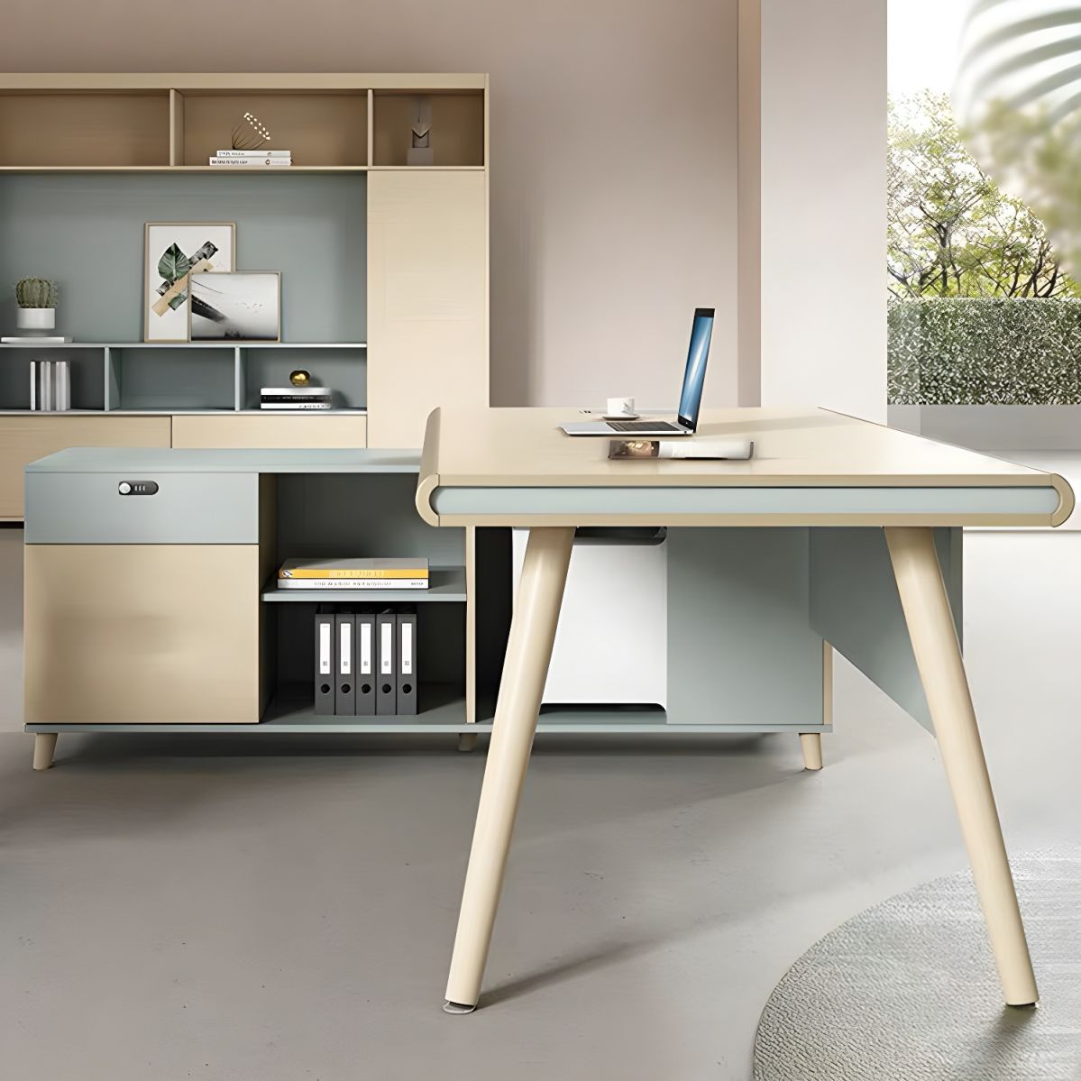 Director & Executive L-Shape Office Table Modern Desk Made in MDF with Side Unit Drawer and Storage Wire Manager & CPU Storage - Beige