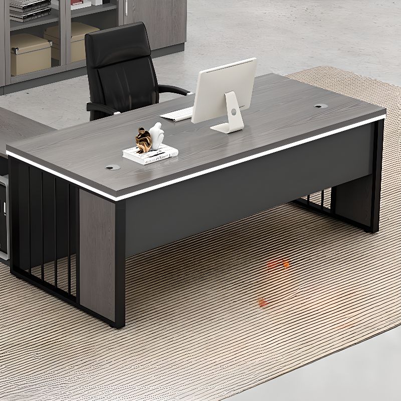 Director L-Shape Office Table Desk Made in Plywood with Wire Manager Drawers Lockable and Storage CPU Space & Metal Base - Grey