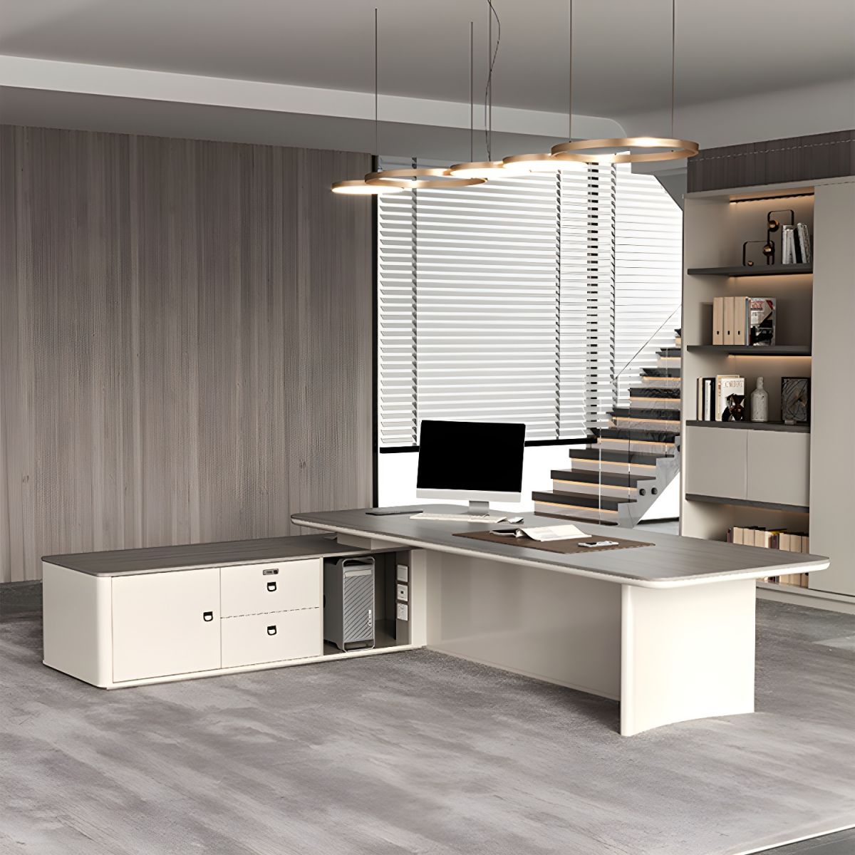 Director & Executive L-Shape Office Table Luxury Desk Made in MDF with Reversible Orientation Side Unit Drawer and Storage Wire Manager & CPU Storage - Grey