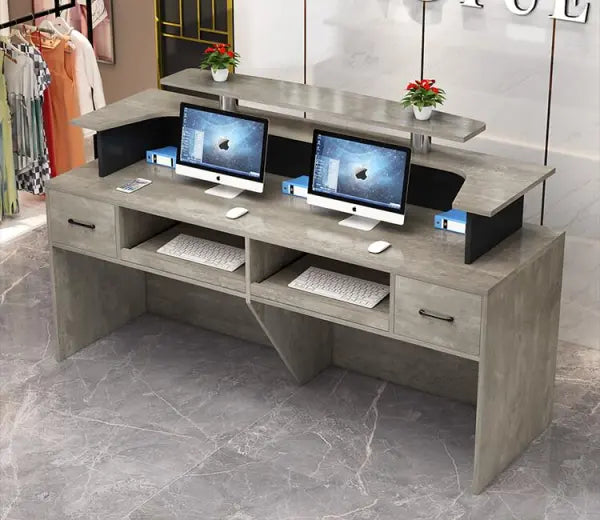 Reception Table for Office Luxury Modal Counter Desk Made in MDF with Two Wire Manager, 2 Drawers and Storage & 2 Person Seating - Grey