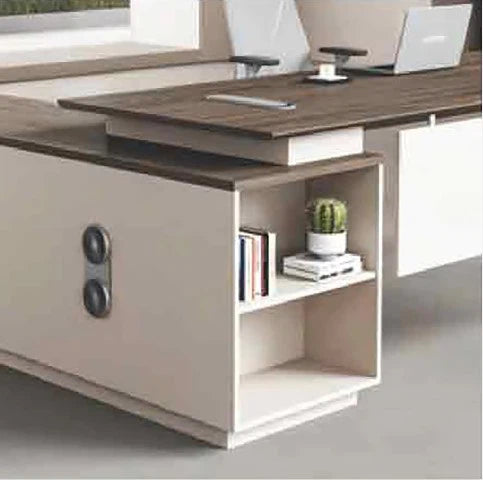 Director & Executive L-Shape Office Table Made in MDF with Side Unit Storage, Drawer, CPU Storage & Wire Manager - Beige & White