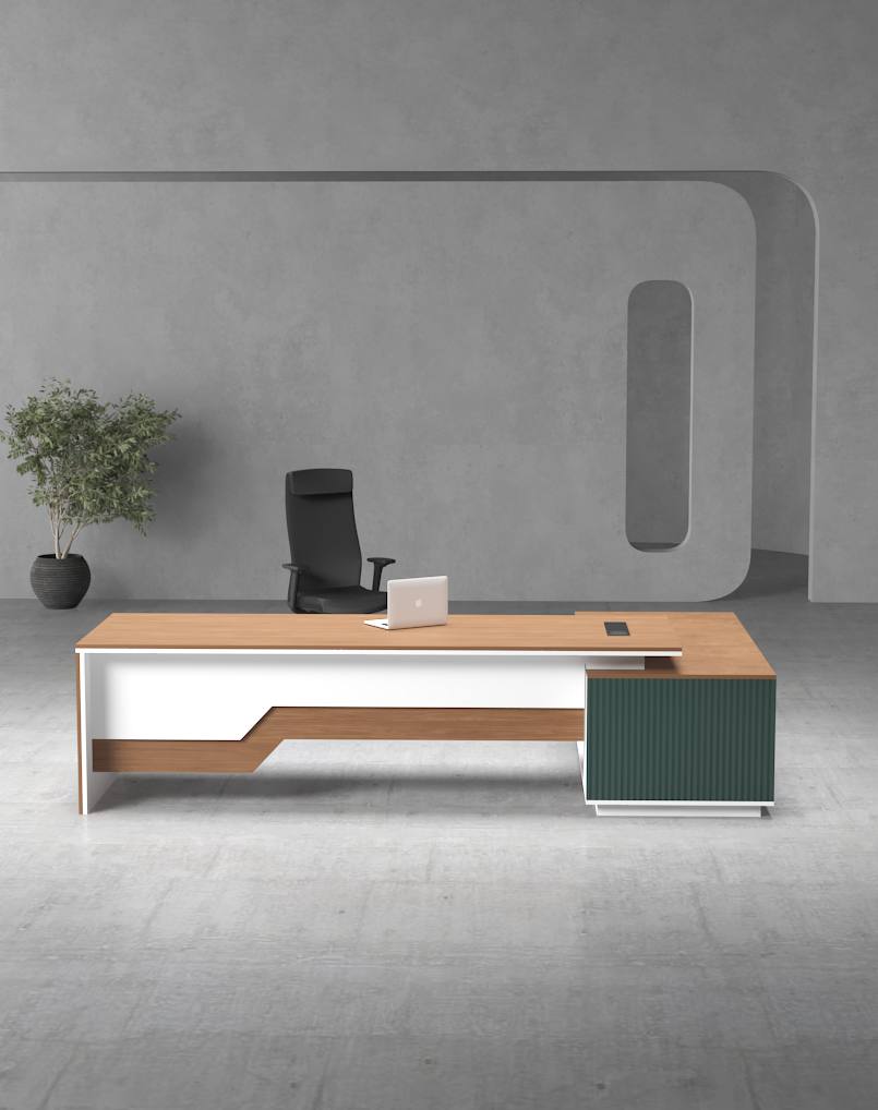 Director Office Table L-Shape Luxury Design with Modern Desk Featuring Drawer and CPU Space & Wire Manager  - Brown