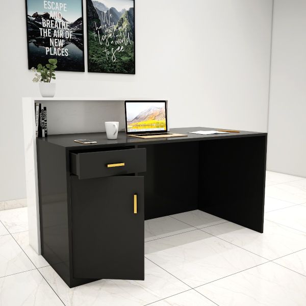 Reception table made in Plywood with 1 drawer, 1 shutter unit and open space  - Black & white