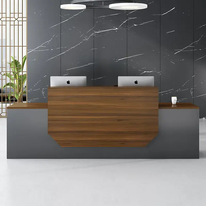 Reception Table for Office Luxury Modern Counter Made in Particle Board and Pedestal & Round Wire Manager- Grey & Brown