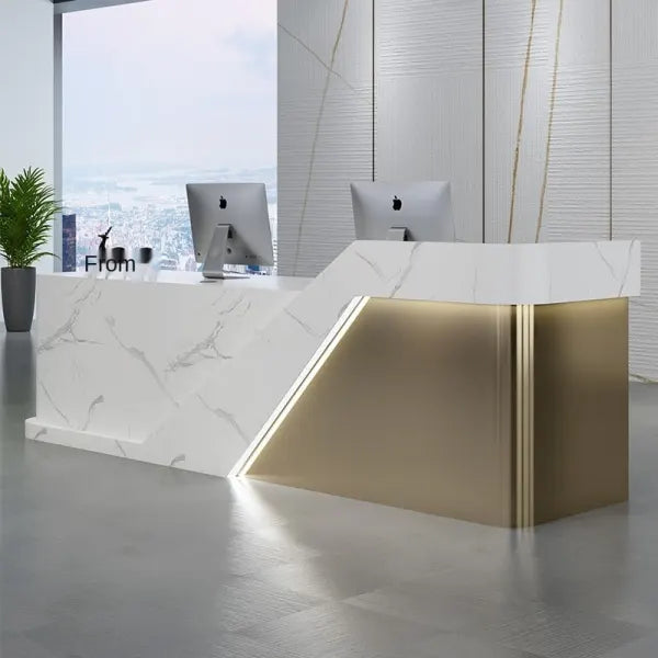 Reception Table for Office Luxury Modal Counter Desk Made in Plywood in Marble Pattern with Round two Wire Manager, Drawers 2 Persion Seating - White