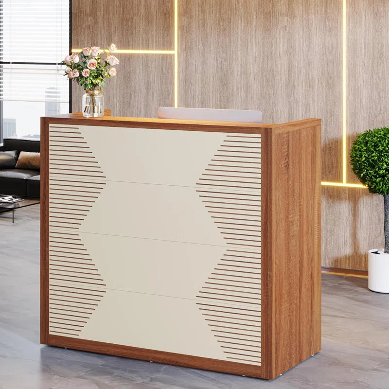 Reception Table for Office Front Counter Desk Made in Particle Board with Cable Management- Brown & White