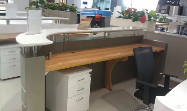 Reception Table for Office Luxury Design Counter Desk Made in Plywood with Top SS Pillar and Interior Styles from Office and Pedestal -Grey