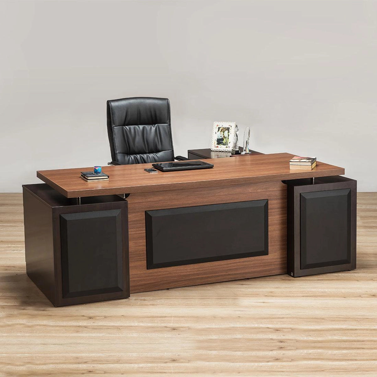 Director L shape Table Made in Engineered Wood and Metal SS, Matte Finish, Brown - Classic Walnut