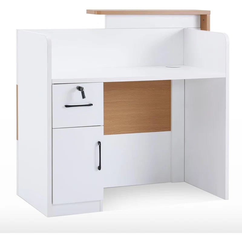 Reception Table for Office Front Counter Desk Made in Particle Board with Round Wire Manager, Drawers and Openable Shutter & White-Brown Color&