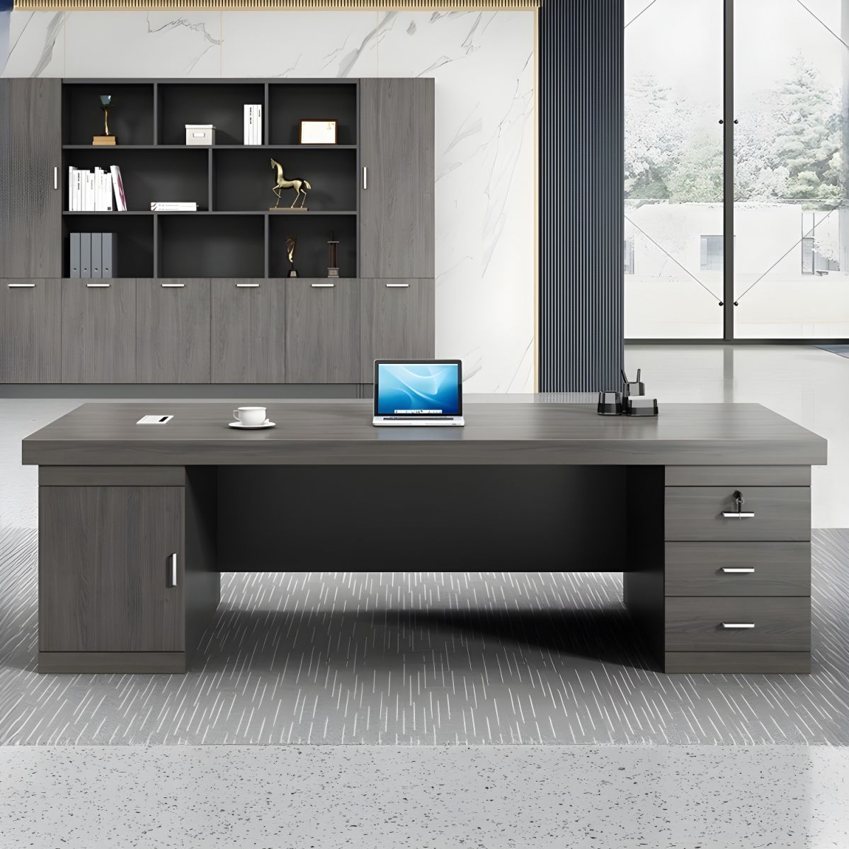 Director & Executive Rectangular Office Table Modern Desk Made in Particle Board with Drawer and Wire Manager - Brown