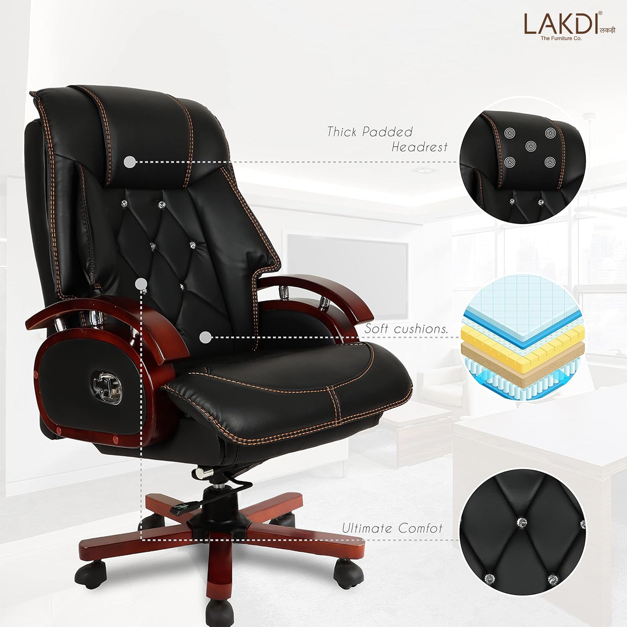 High Back Leatherette Director Chair with Wooden Base and Handle